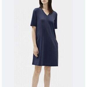 Eileen Fisher Organic Cotton V Neck Pocket Dress Womens XS Navy Lagenlook Boho